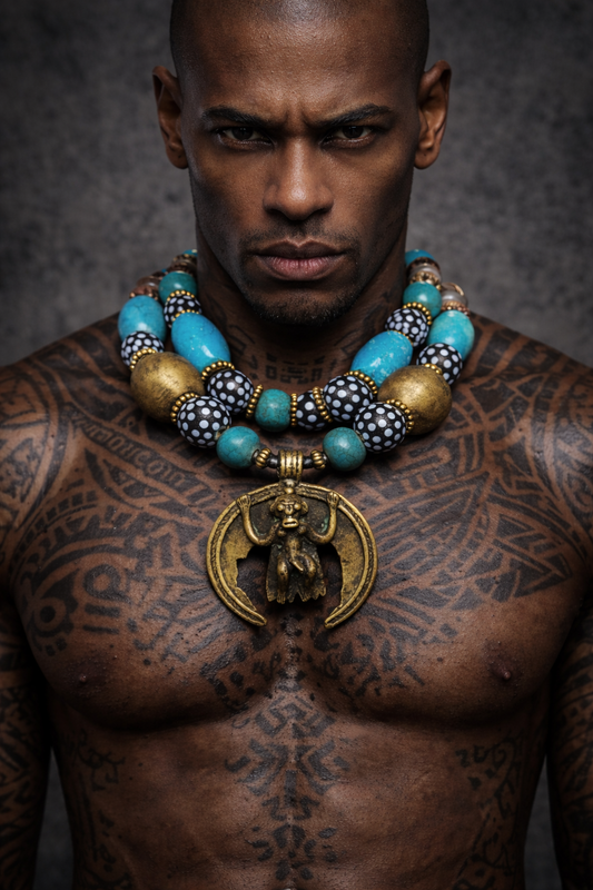 African Beaded Tribal Statement Necklace - Brass Monkey Pendant