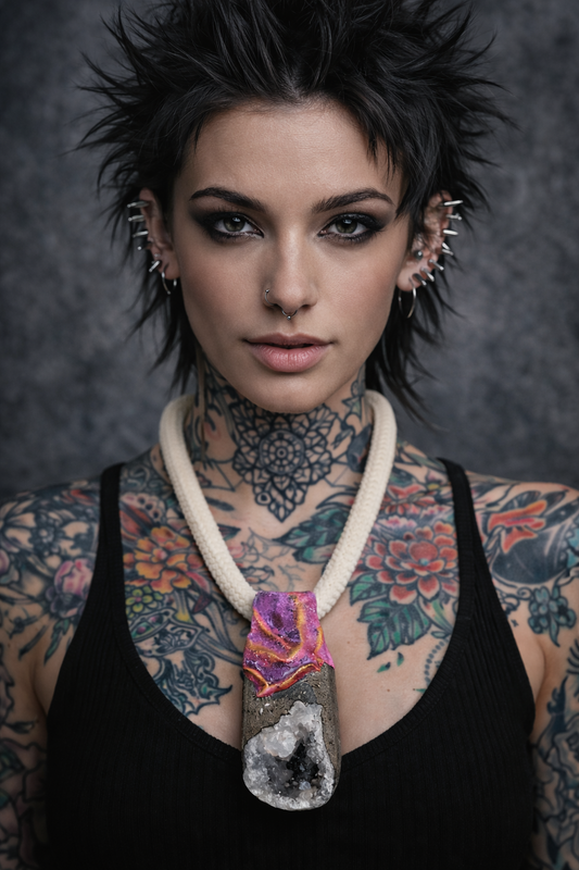 Apophyllite Geode Sculpted Gemstone Pendant With Braided Rope