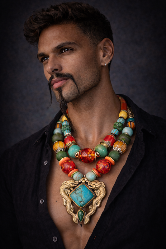 Exotic Beaded Tribal Necklace With Double Dragon Brass Pendant