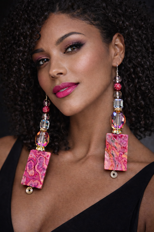 Hot Pink Crazy Lace Agate & Faceted Crystal Shoulder Duster Pierced