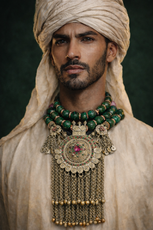 Bold Turquoise & Glass Tribal Chest Piece - Waziri Pendant