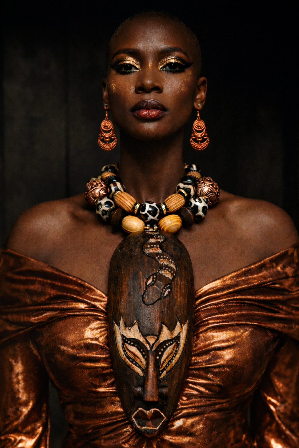 Indonesian Wood Mask Unisex Chest Piece - Earthy Beaded Necklace