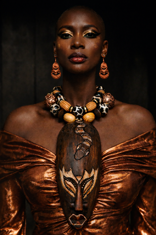 Indonesian Wood Mask Unisex Chest Piece - Earthy Beaded Necklace