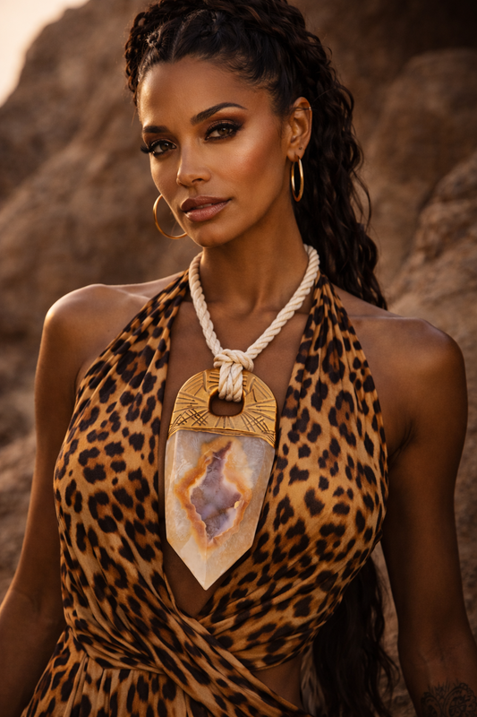 Earthy Druzy Agate Sculpted Tower Pendant on a Silk Cord - Mens Luxury