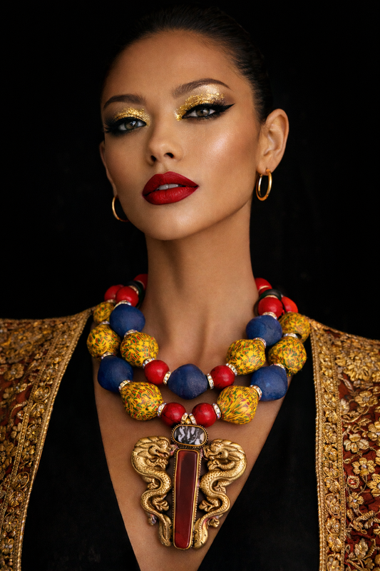 Colorful African Recycled Glass Tribal Luxury Necklace - Double Dragon