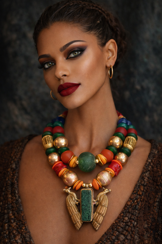 African Beaded Statement Luxury Necklace - Double Peacock Repousse