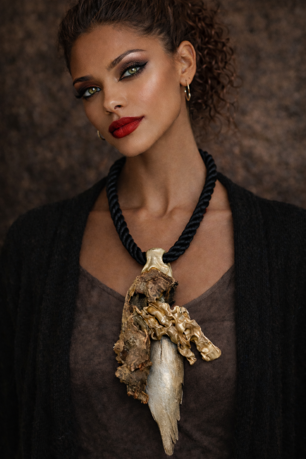 Mixed Driftwood Sculpted Artisan Unisex Pendant with Satin Rope