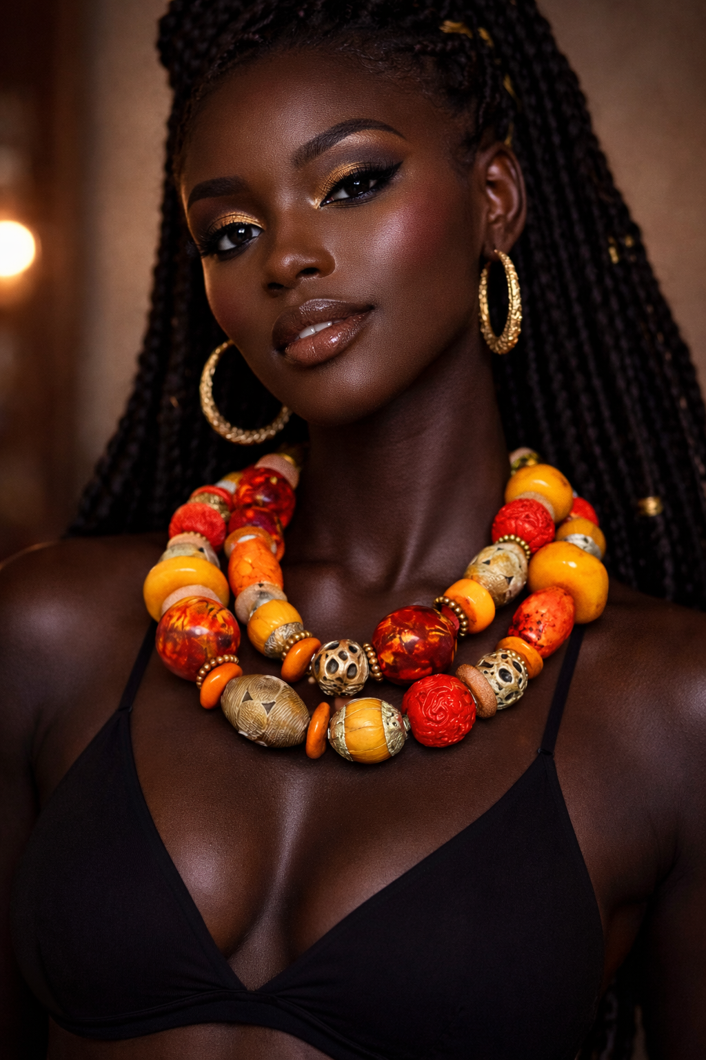 Orange Red & Gold Big Beaded Multi Strand Statement Necklace - Tribal