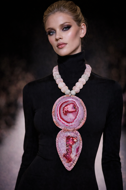 Hot Pink Agate Totem Chest Piece & Pierced Earring Set