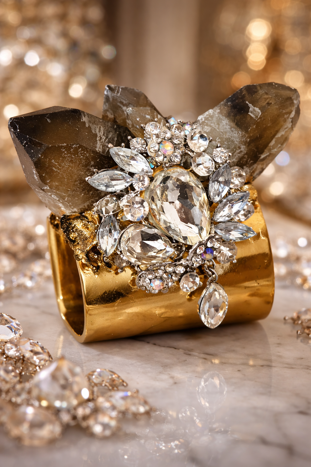 Smoky Quartz Rhinestone Brass Cuff - Luxury Glamour