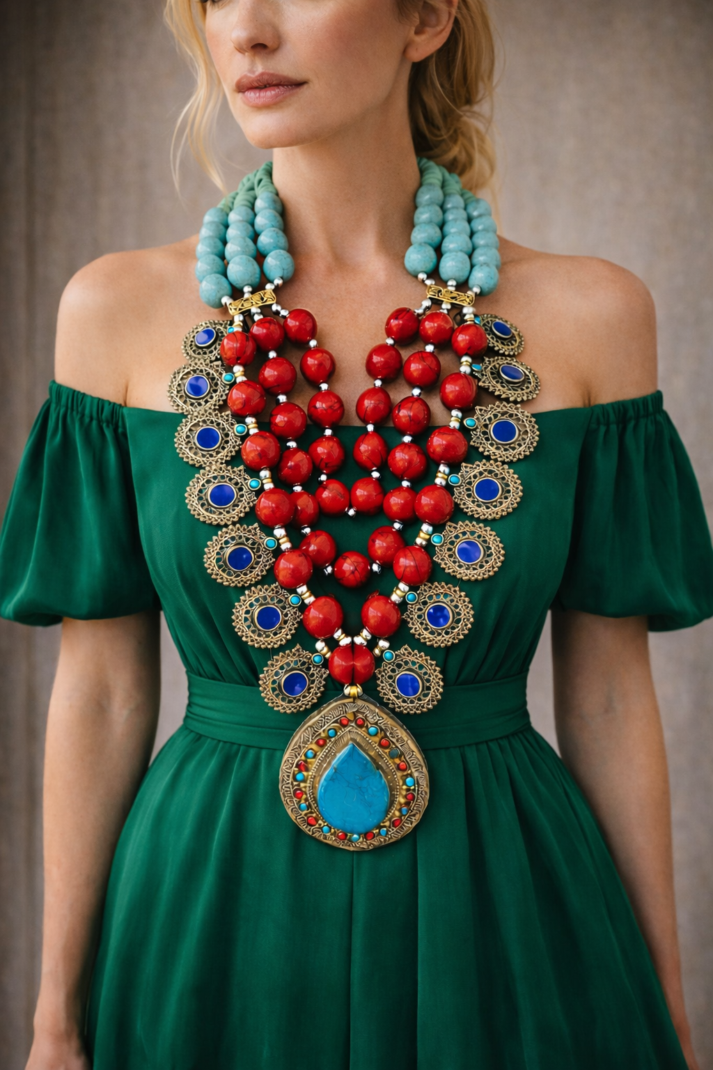 Magnesite Ornately Beaded Tribal Statement Chest Piece