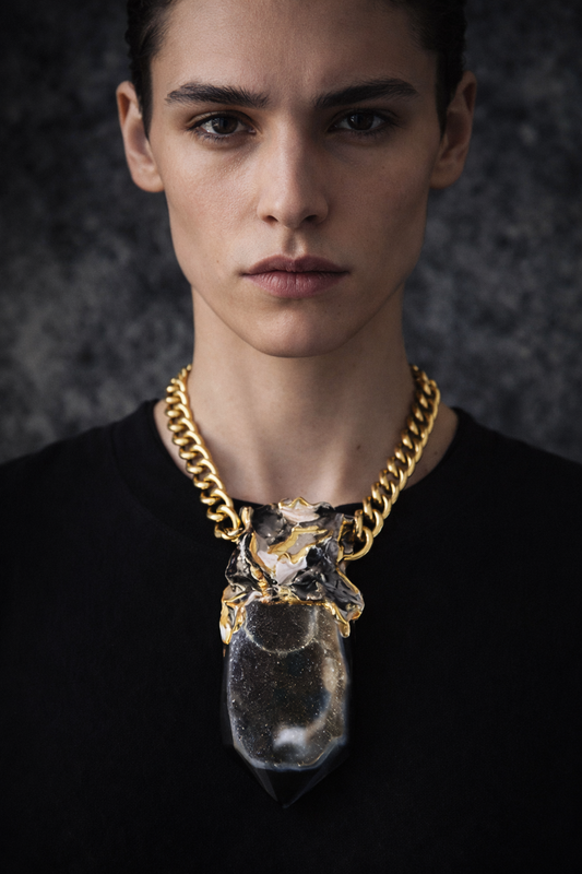 Heavily Crystallized Black Druzy Agate Statement Pendant - Brass Chain