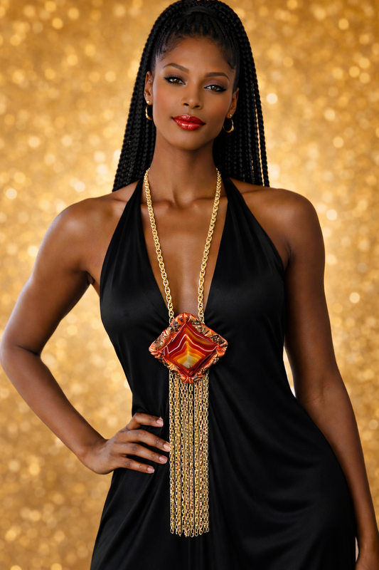 Red Agate Pyramid Sculpted Waterfall Chain Pendant - OOAK