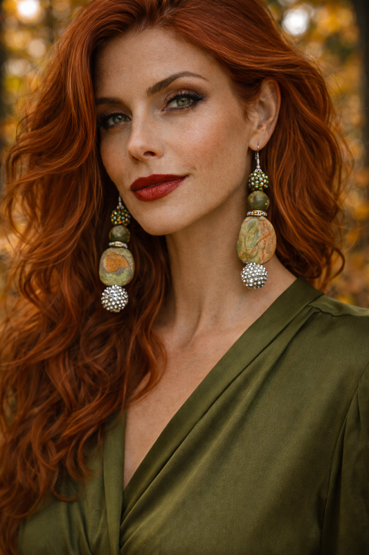 Rainforest Jasper & Faux Crystal Drop Pierced Statement Earrings