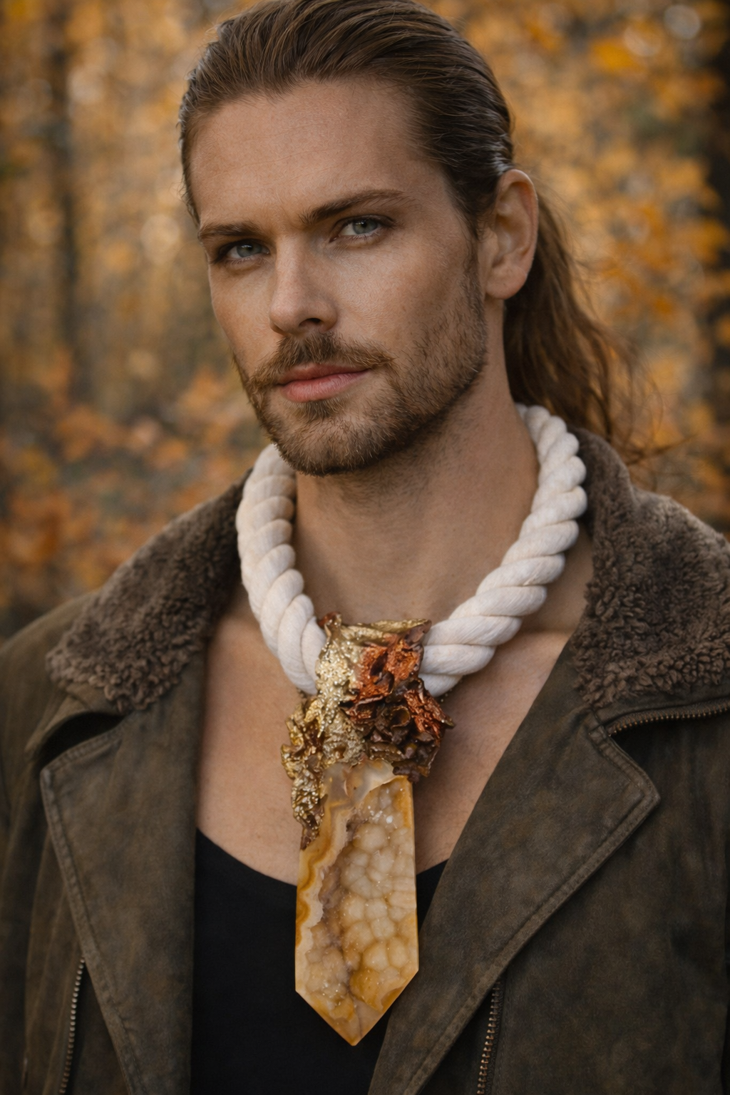 Earthy Druzy Agate Sculpted Tower & Thick Beige Rope - Boho Couture