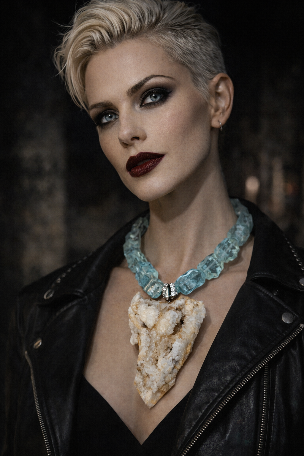 Druzy Crystal Gemstone Pendant On A Rough Aquamarine Necklace - Luxe