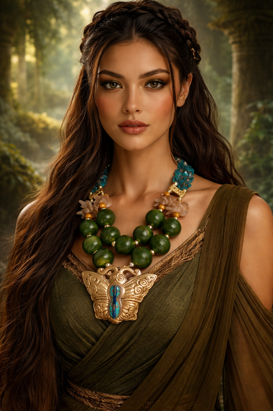 Oversized African Glass Beaded Luxury Necklace With Brass Buttterfly