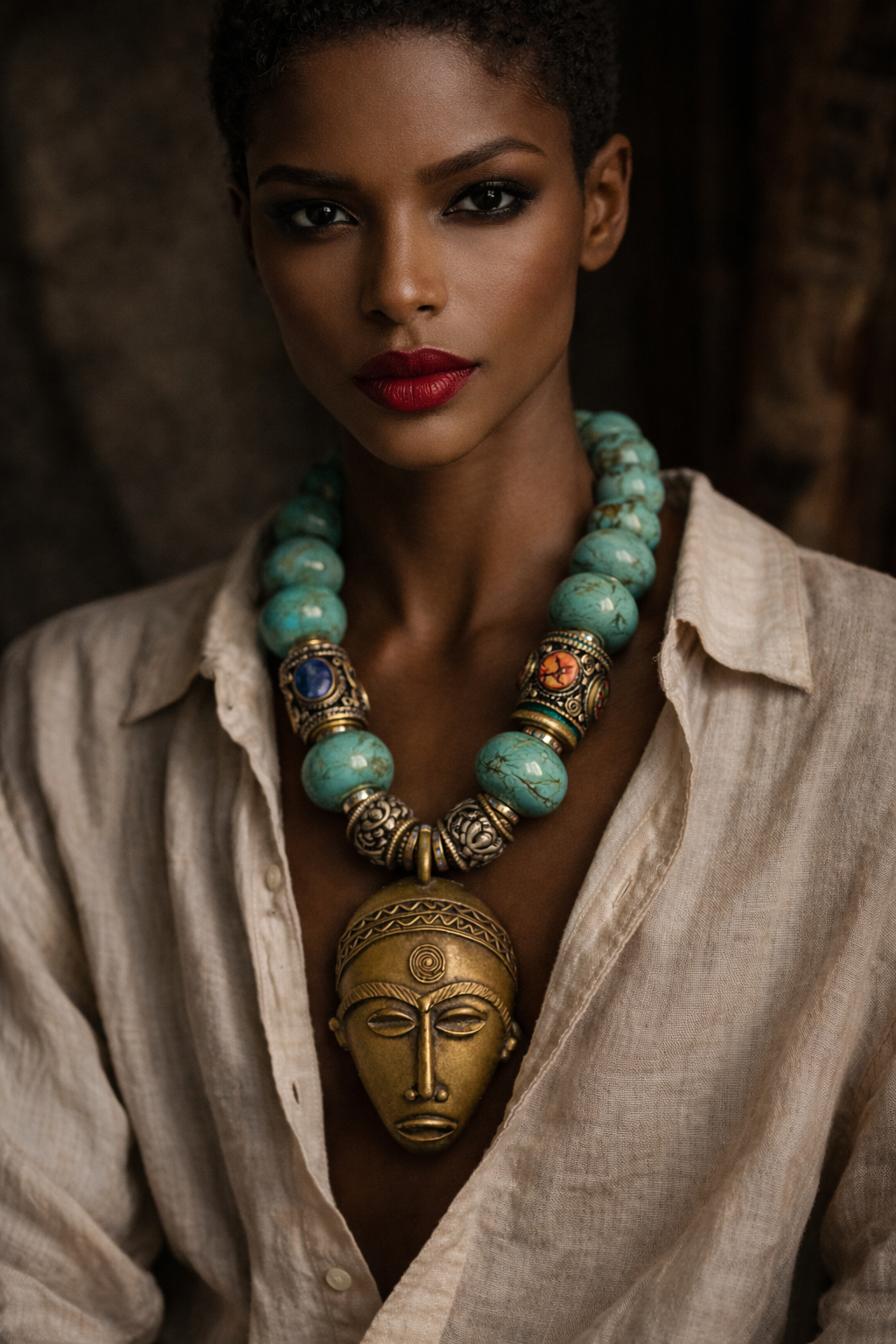 African Lost Wax Brass & Light Blue Magnesite Rondelle Tribal Necklace