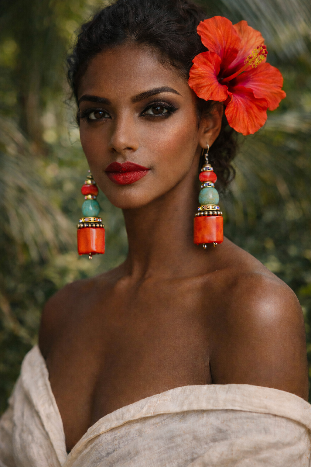 Red Coral and Turquoise Dangle Pierced Statement Earrings   Bold & Chu