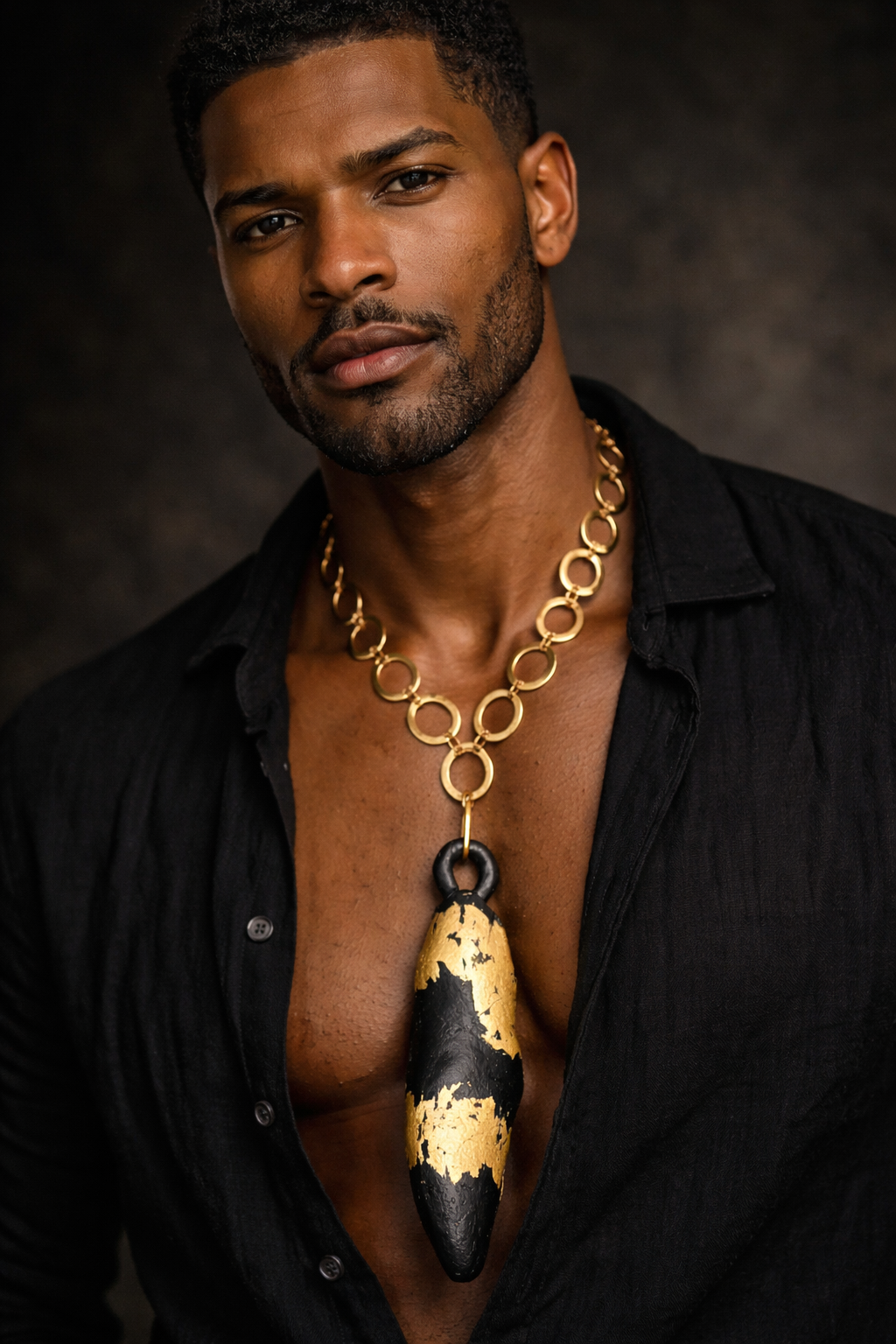 Blackened Driftwood Gold Leaf Pendant - Bold Androgynous Art