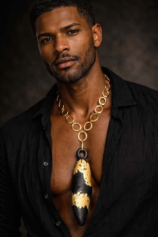 Blackened Driftwood Gold Leaf Pendant - Bold Androgynous Art