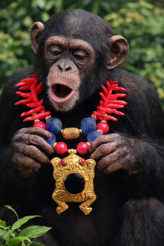 Red Coral & Blue Glass Exotic Necklace with Repousse Frog Pendant