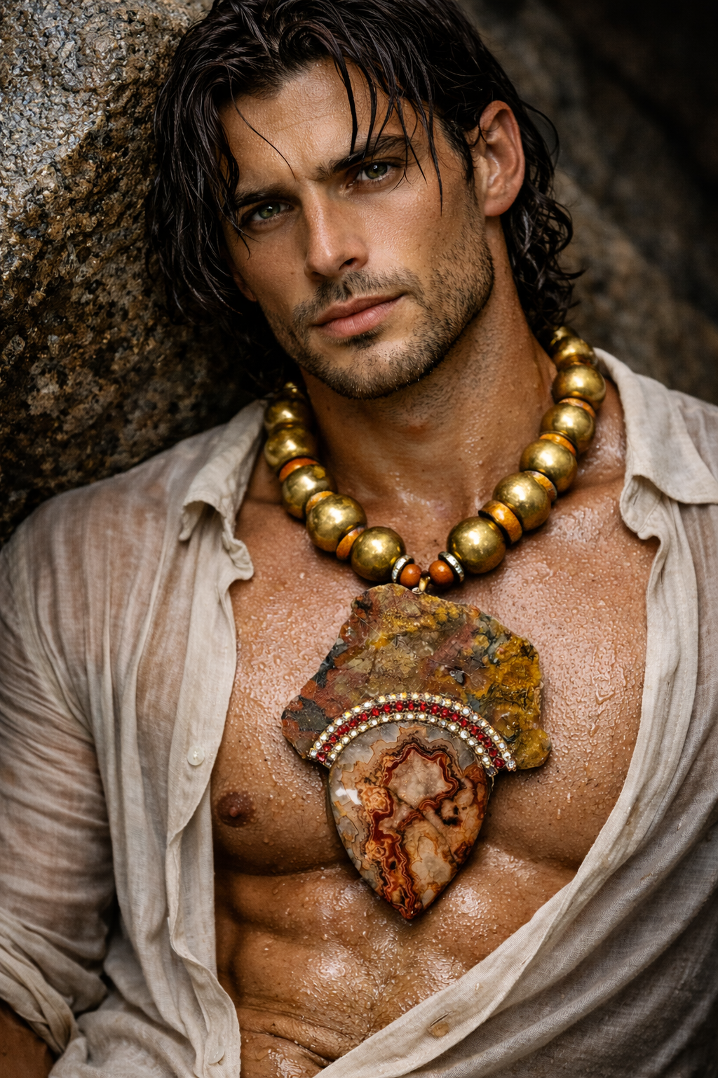 Jasper Slab & Druzy Agate Pendant - Vintage Brass Necklace