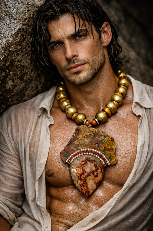 Jasper Slab & Druzy Agate Pendant - Vintage Brass Necklace