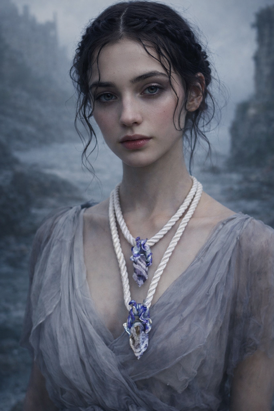 Two Chevron Amethyst Points Sculpted Silk Rope Necklace