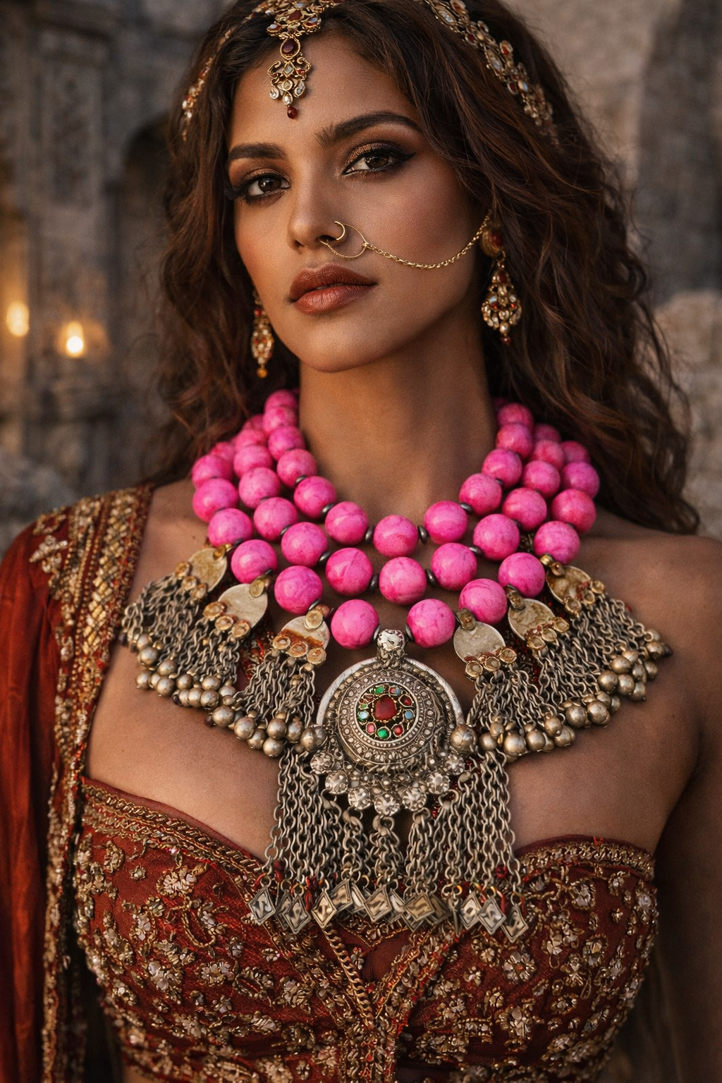 Hot Pink Magnesite Collar with Vintage Waziri Pendant & Kuchi Dangles