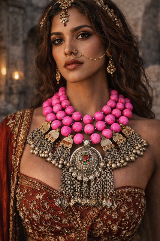 Hot Pink Magnesite Collar with Vintage Waziri Pendant & Kuchi Dangles