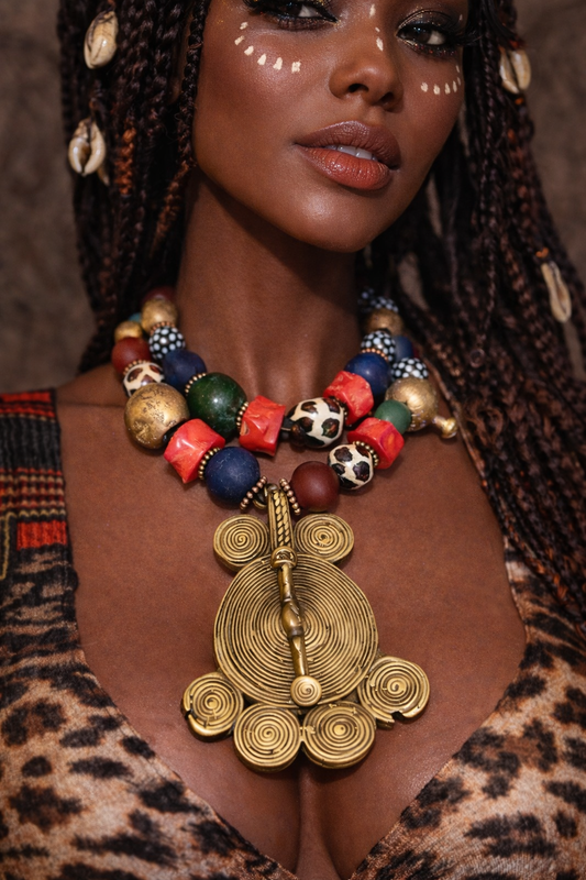 African Inspired Tribal Statement Necklace With Warrior Pendant - OOAK Art