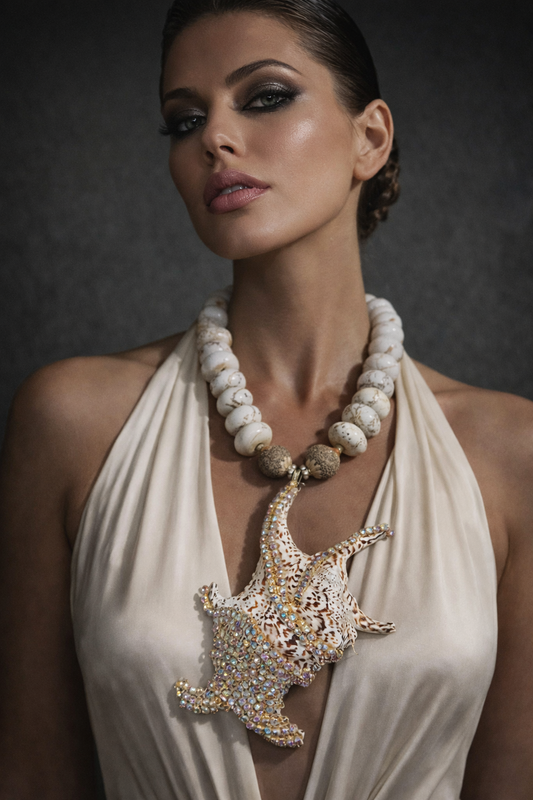 Exotic Jeweled Shell Pendant - Bold White Magnesite Rondelle Necklace