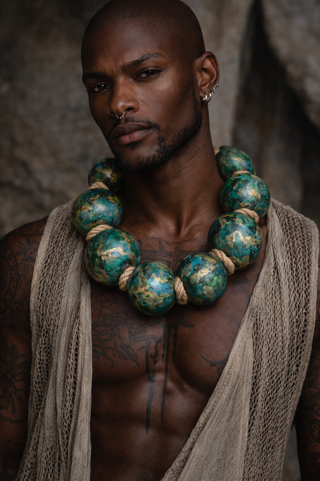 Oversized Beaded Faux Turquoise & Knotted Hemp Statement Necklace