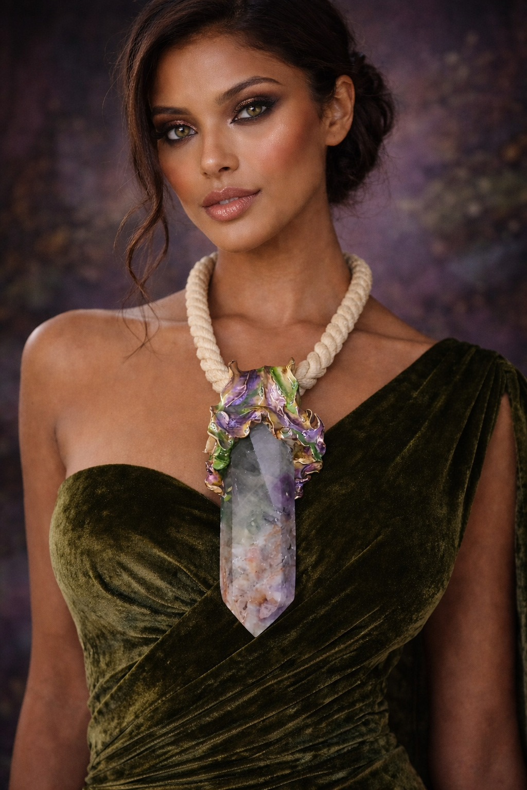 Sculpted Fluorite Gemstone Tower Pendant on a Beige Cotton Rope - Mens