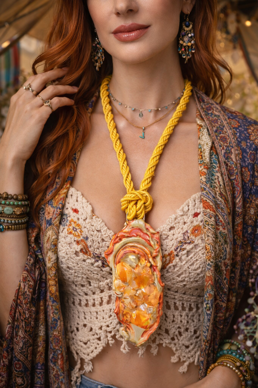 Orange Aura Rough Quartz Sculpted Talisman With Yellow Silk Rope