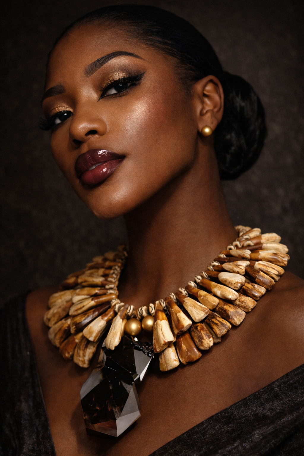 Smoky Quartz & Buffalo Tooth Exotic Statement Necklace