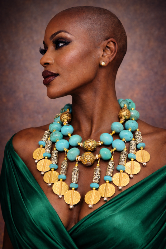 Blue Gold & Silver Beaded Waterfall Chest Piece - Couture