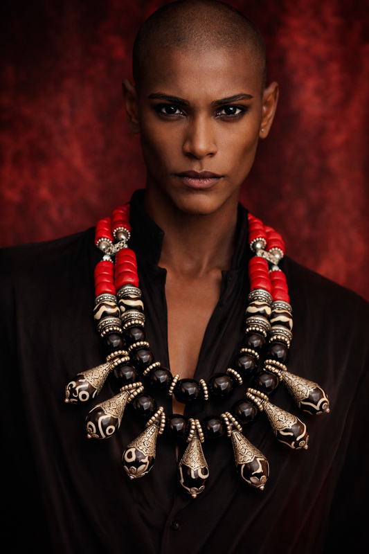 Black Red Silver Tribal Beaded Bib with Tibetan Teardrops
