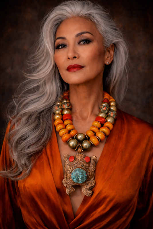 Exotic Tribal Beaded Autumn Necklace - Frog Pendant