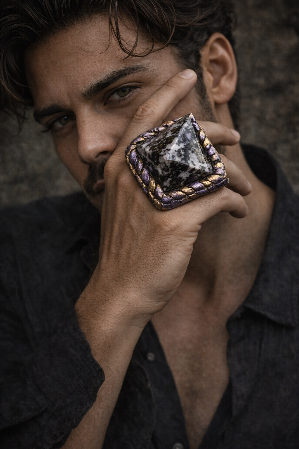 Hand Sculpted Indigo Gabbro Pyramid Statement Two Finger Ring - Mens