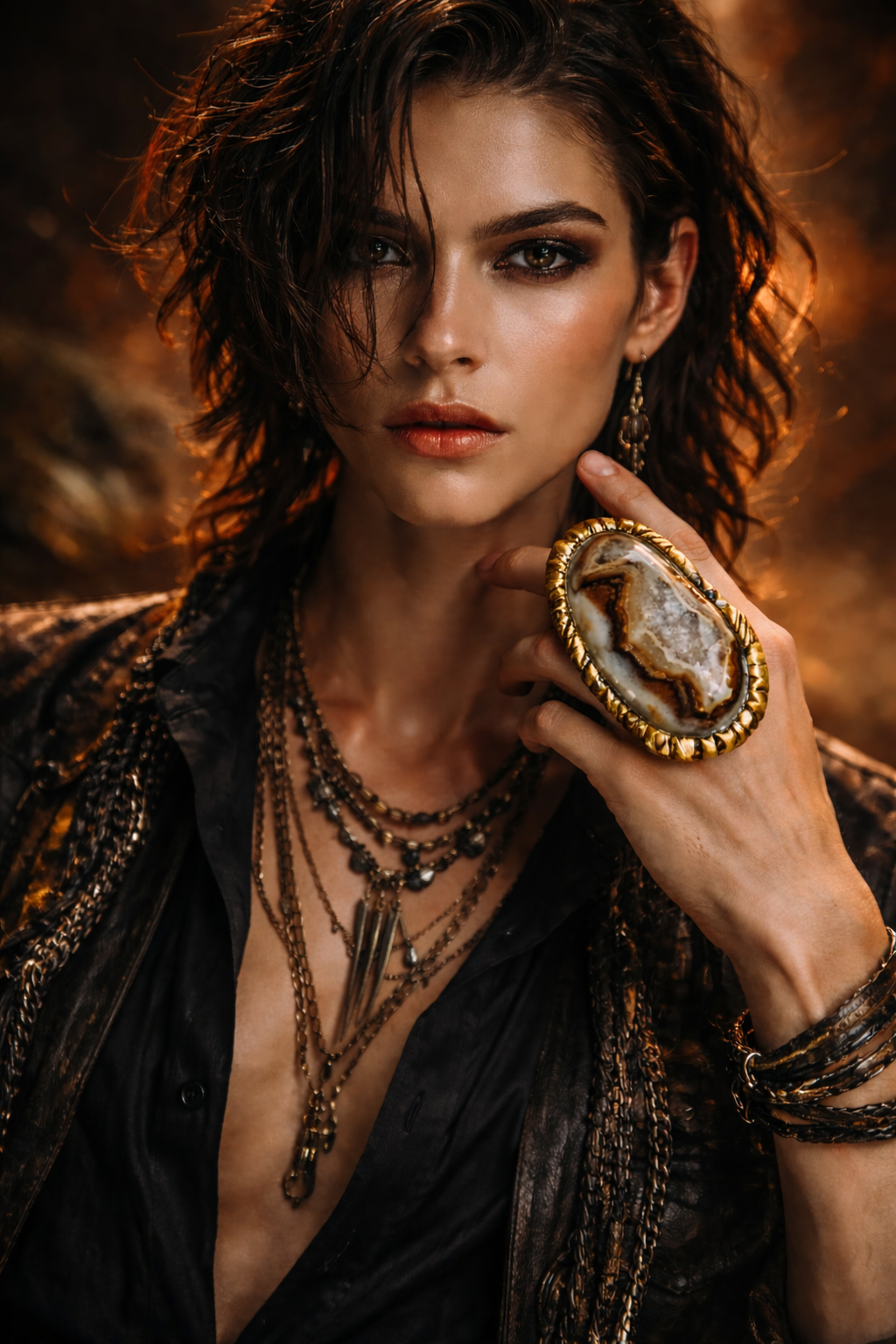 Earth Tone Druzy Agate Adjustable Statement Hand Ring - Showstopper