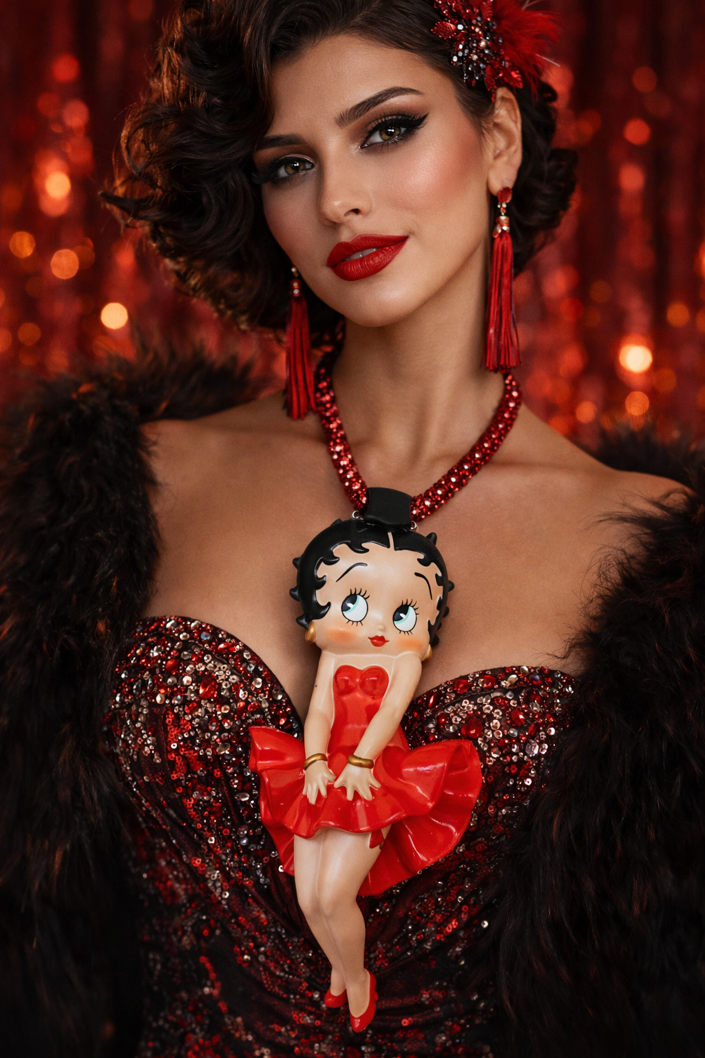 Betty Boop Figurine Pendant With Black Cotton Rope & Metallic Threads