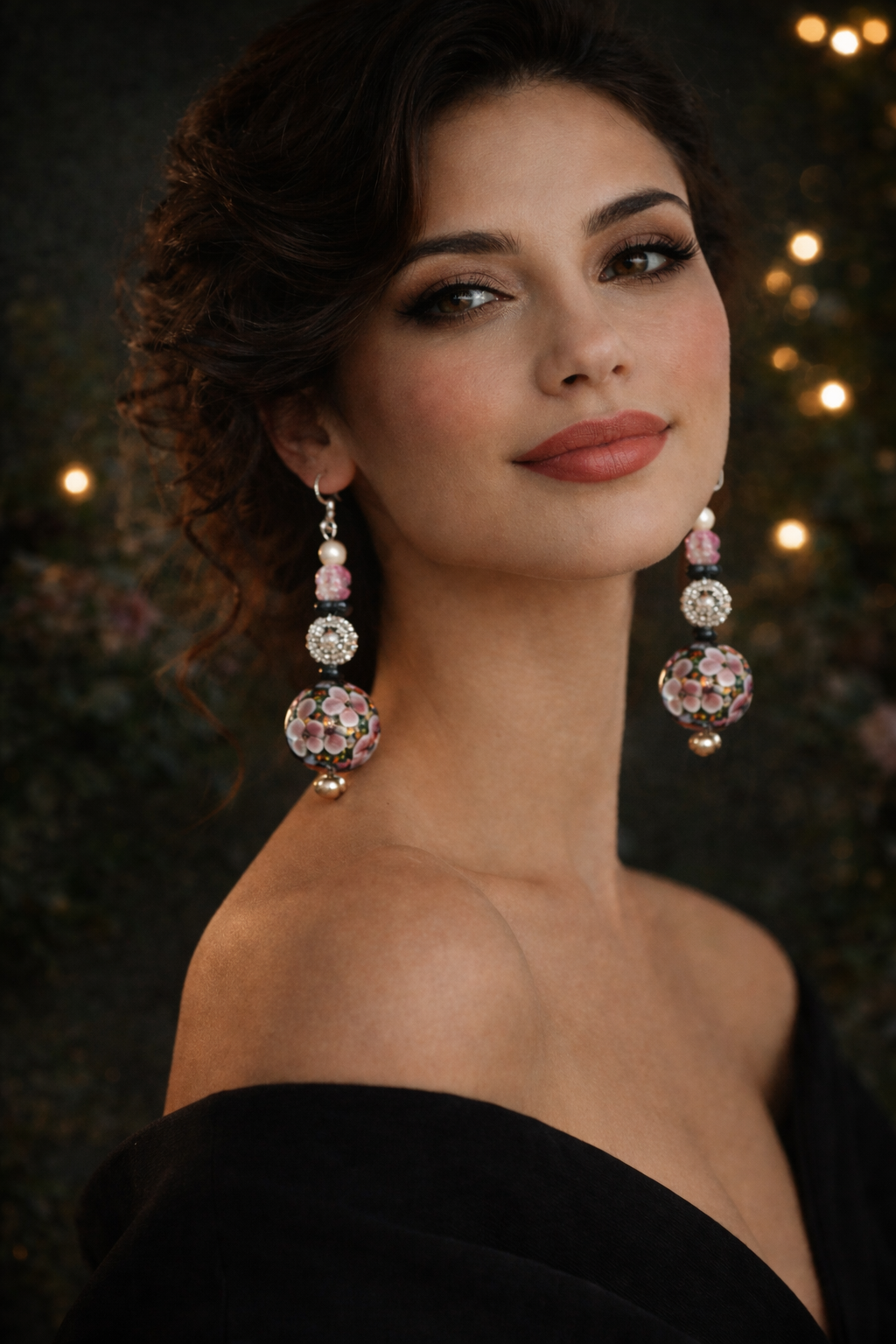 Black Pink & Silver Beaded Lampwork Glass Floral Pierced Earrings