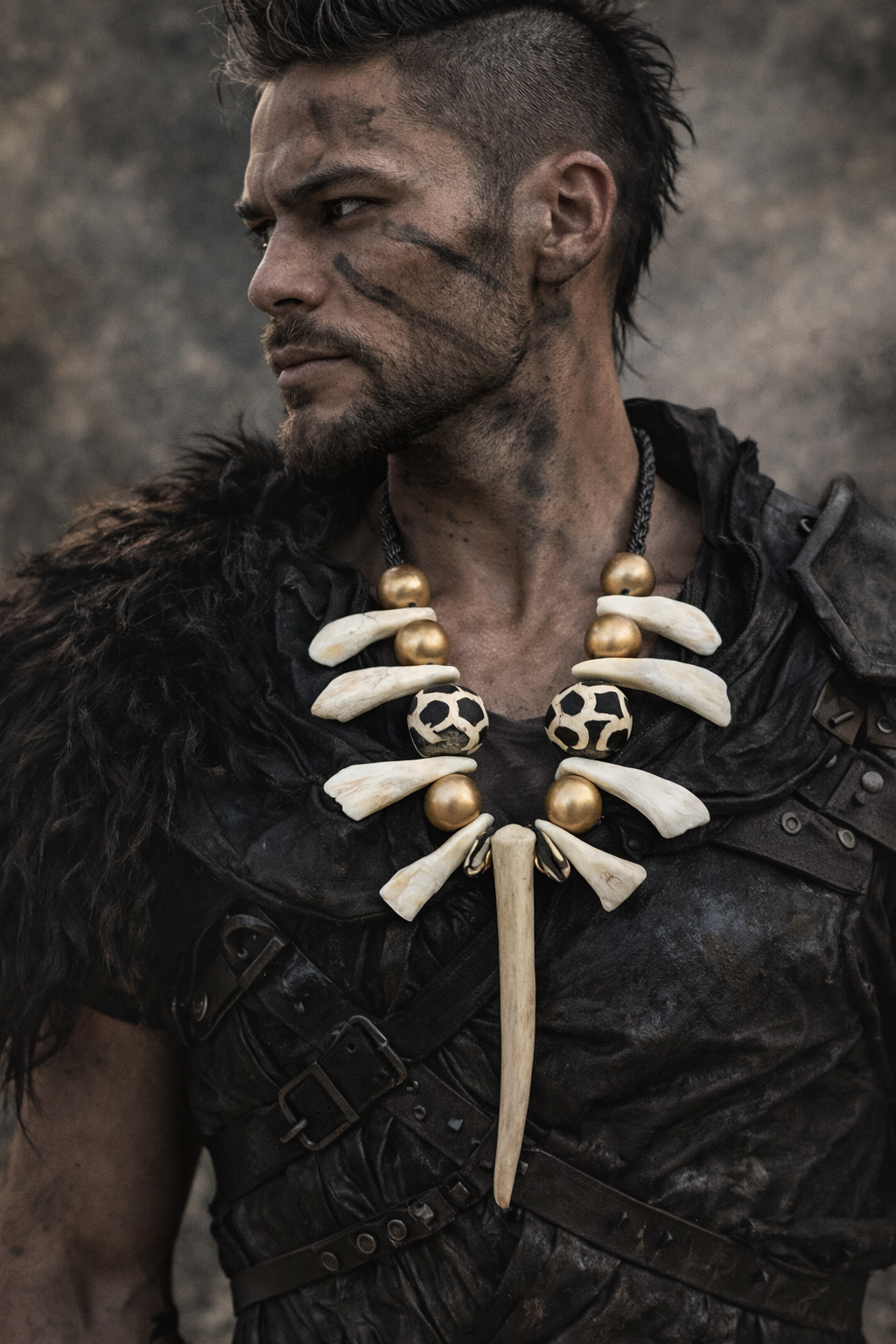 Unisex Tribal Chest Piece with Antler, Bone & Buffalo Teeth - Warrior