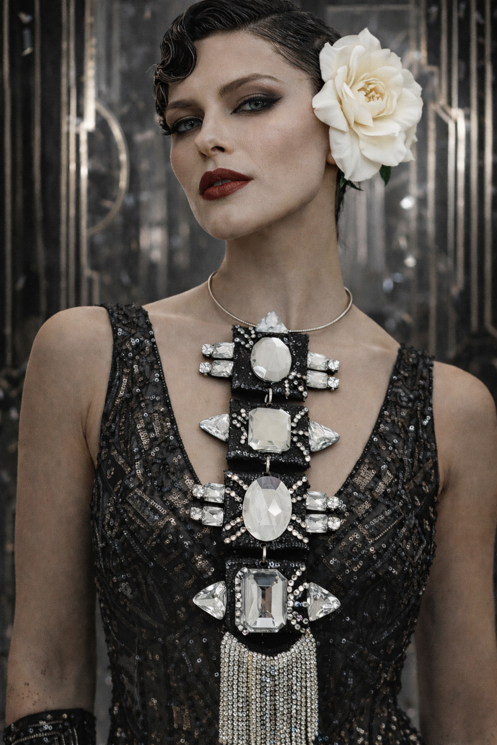 Black & Silver Art Deco Sculpted Statement Pendant - Rhinestone Tie