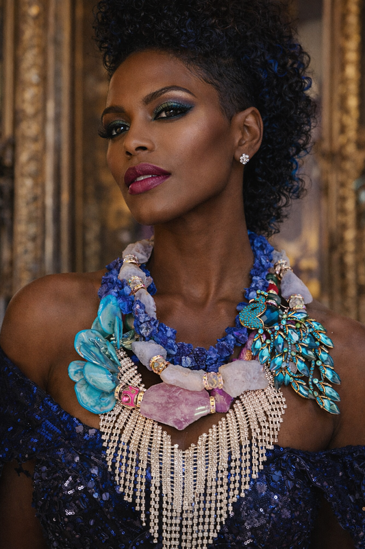 Rhinestone & Gemstone Assemblage Necklace with Earrings