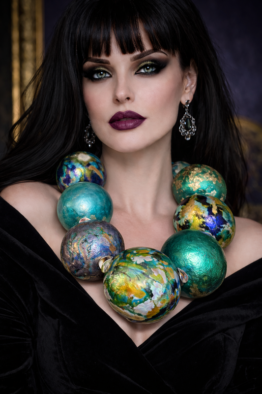 Blue Green & Gold Huge Hand Sculpted Beaded Statement Necklace - Drama