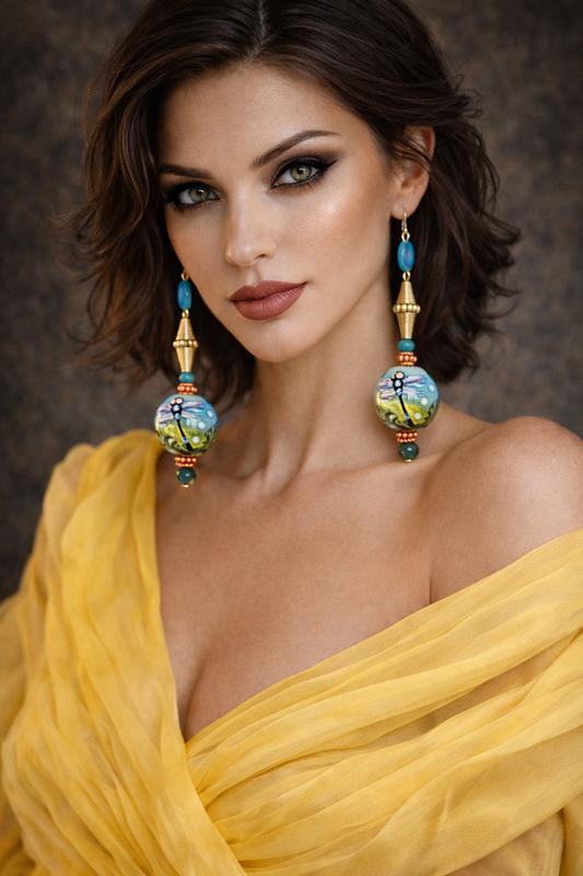 Dragonfly Motif Beaded Lampwork Dangle Pierced Earrings - Art to Wear