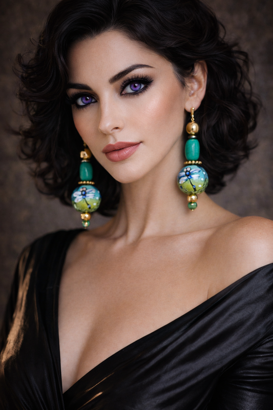 Dragonfly Mixed Media Dangle Pierced Statement Earrings - Green & Gold